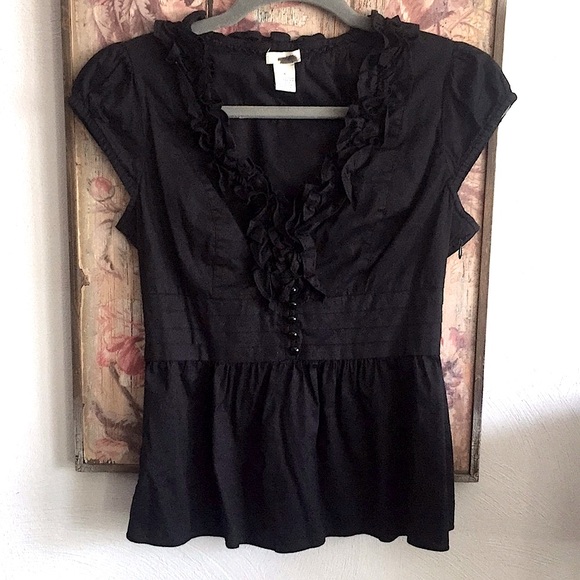 ANTHROPOLOGIE ODILLE BRAND STRETCH RUFFLE BLACK SHORT SLEEVE BLOUSE TOP 4 - Picture 1 of 14